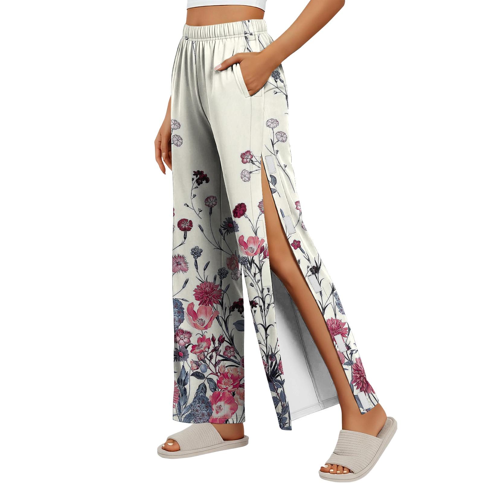 

Women Vintage Floral Side Velcro Closure Easy Open Post Surgery Recovery Care Long Pants Elastic Waistband Comfortable Fit XL