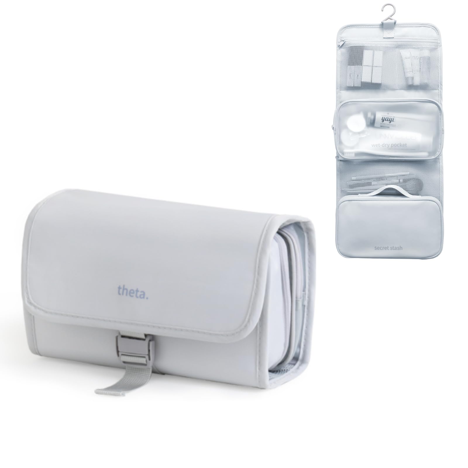 

Travel Makeup Hanging Type with Mesh Large Toiletry Bag Theta Pouch, Hook, Pocket, Waterproof, Capacity, Foldable, (Grey, M)