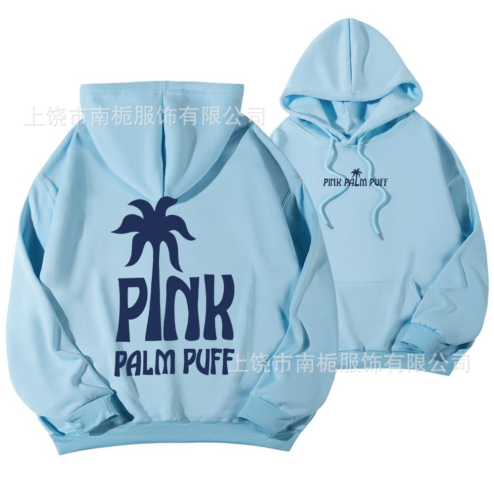 Women's Hooded Long Sleeve Drop Shoulder Pullover Sweatshirt Palm Tree "PINK PALM PUFF" Back Letter Print Casual Hoodie