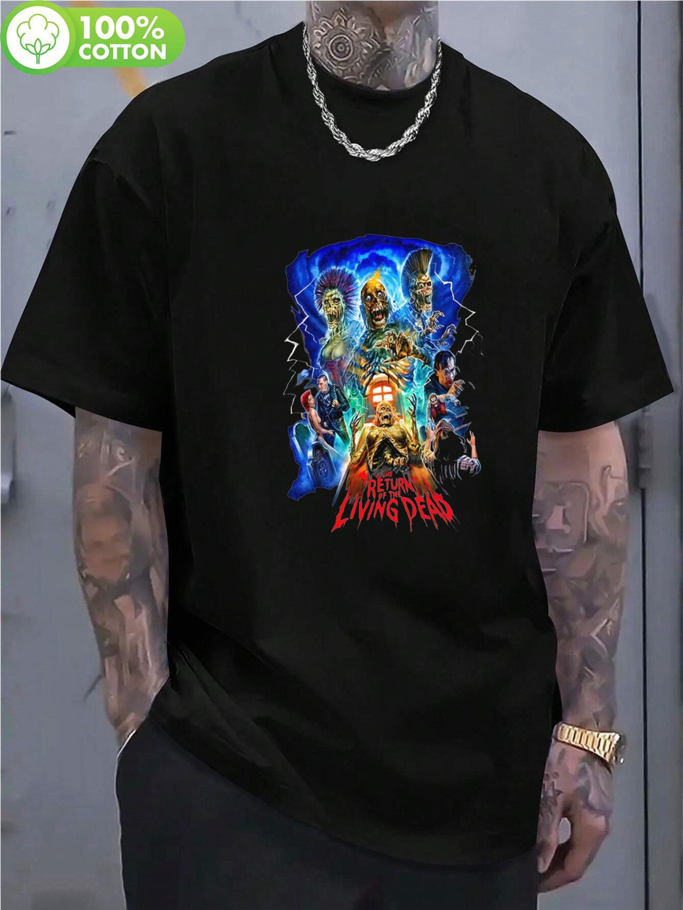 

ZX Summer Mens The Living Dead Horror Movie Tshirt Black Short Sleeve Round Neck with Classic Zombie Film Pattern 4XL