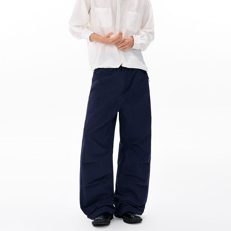 American retro trendy brand pleated design casual pants men's trend fashion loose wide-leg straight overalls