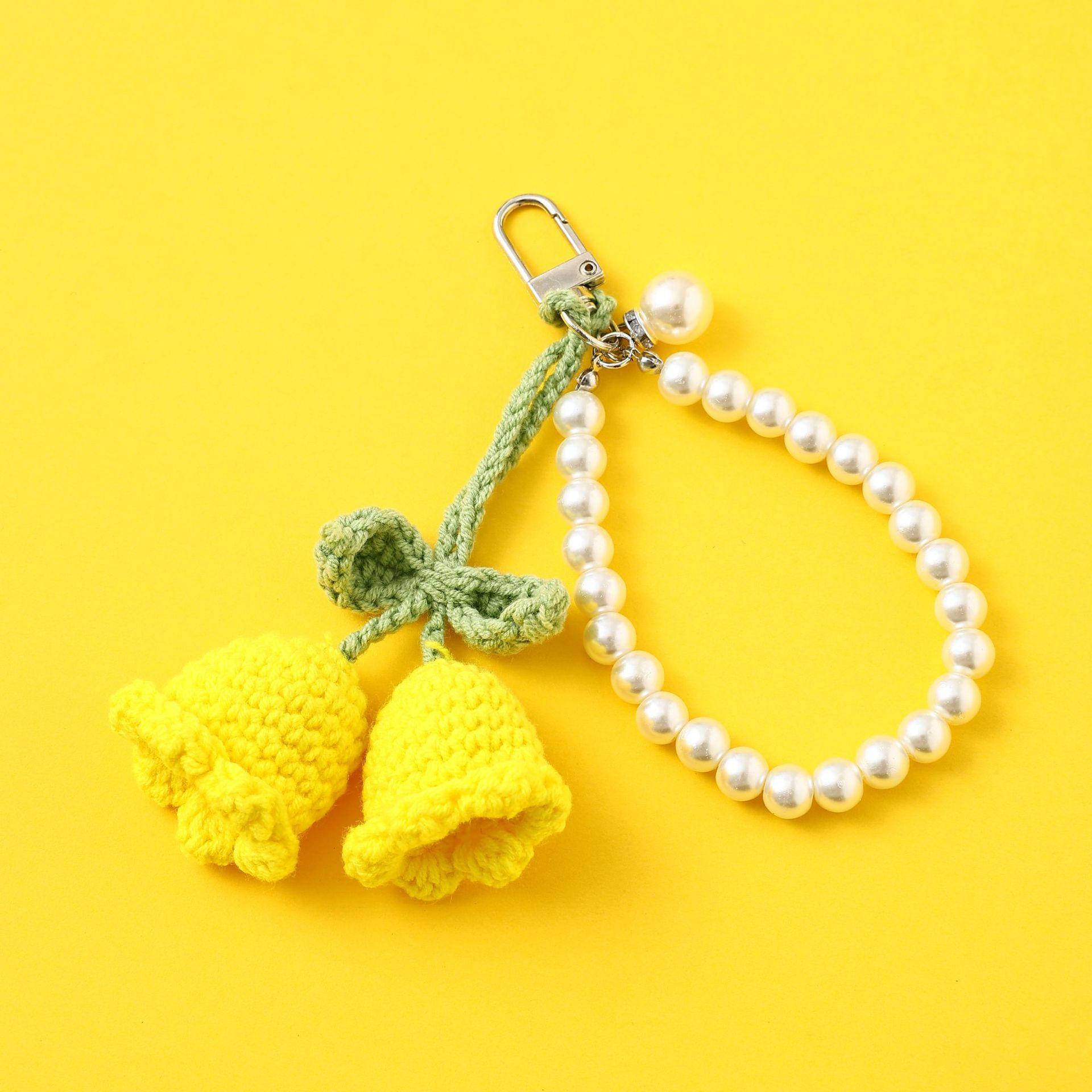 Handgemaakte Bloem Gebreide Sleutelhanger Sleutelring Vrouwen Gehaakte Wol Bloem Blad Sleutelring Kettingen Handtas Bedels Cadeaus yellow