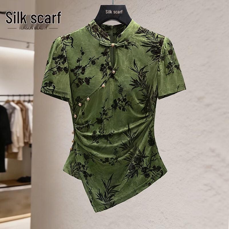 Women s New Chinese Style Jacquard Stand Collar Short Sleeve Top M