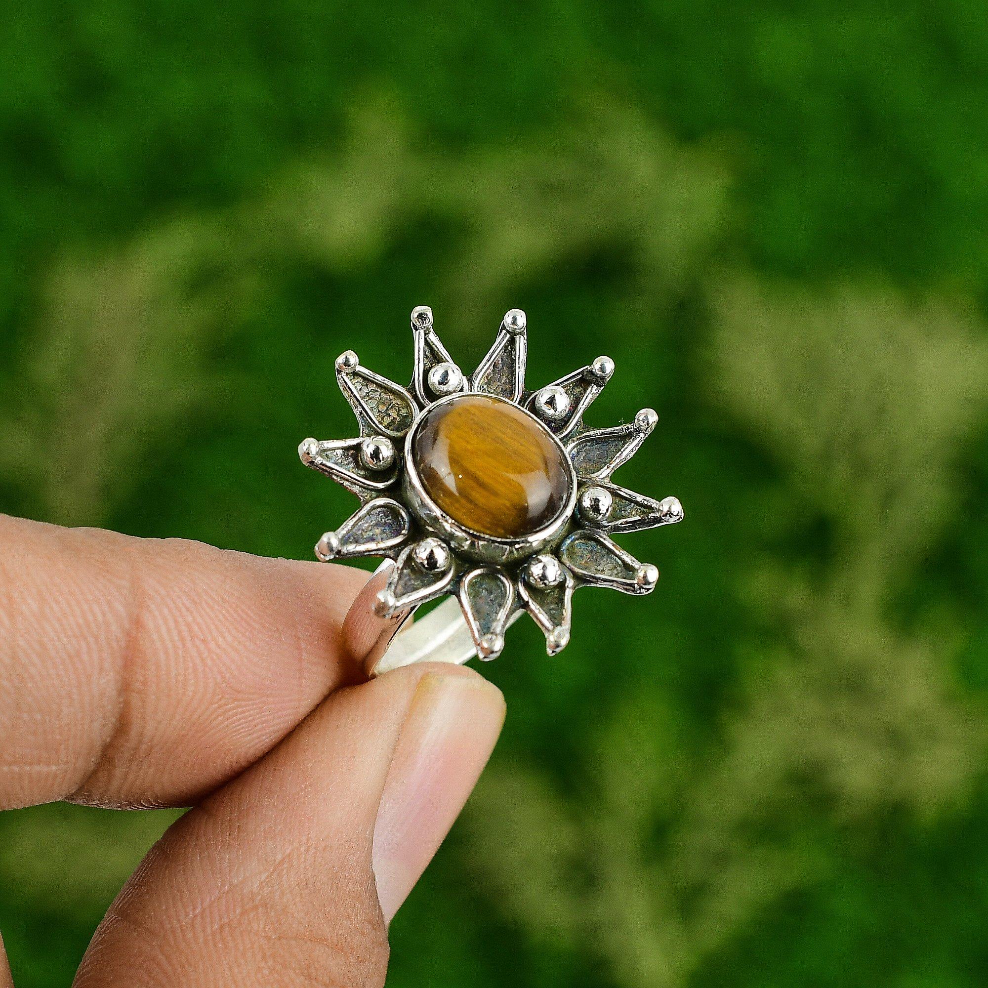 

Tigers Eye Stone New Promise Flower Engagement Ring Jewelry 925 Sterling Silver Adjustable