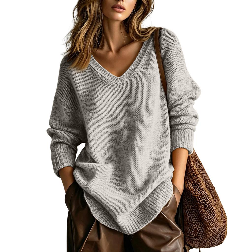 Women's Cozy V-Neck Knit Sweater Loose Fit Slimming Pullover Top