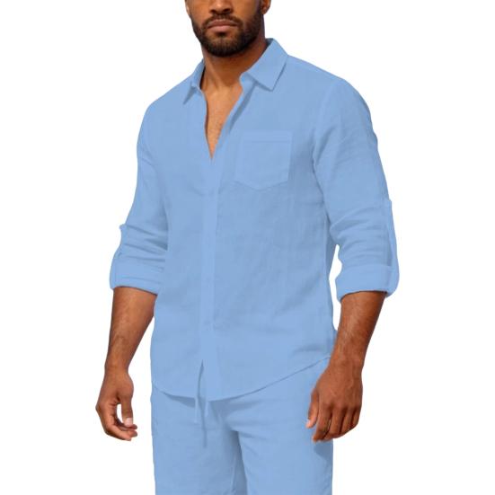 Men Long Sleeve Shirt Turndown Collar Button-Down Shirt Loose Fit Solid Color Shirt for Summer Beach Vacation Travel