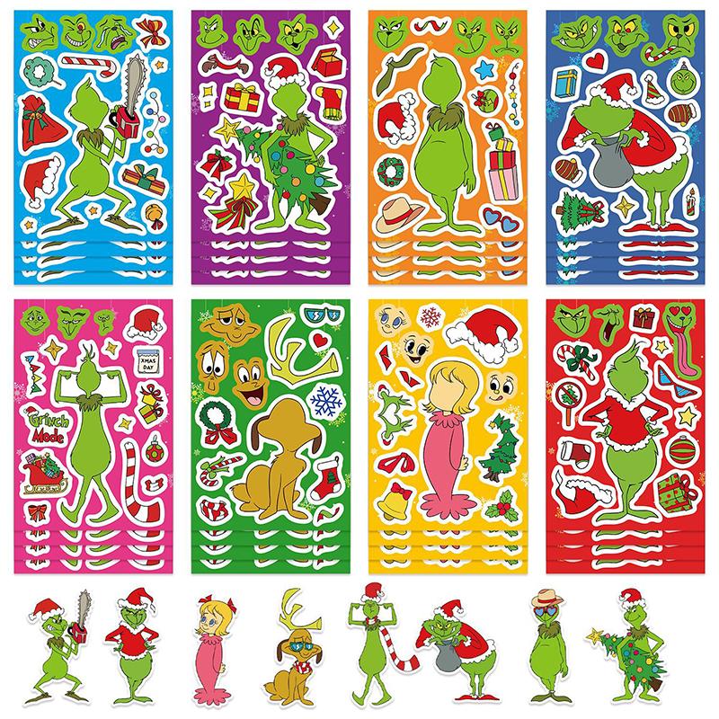 

8sheets Stickers Cartoon Green Fur Monster Make A Face Stickers DIY Hand Account Crafts Stickers For Office Diary Decoration