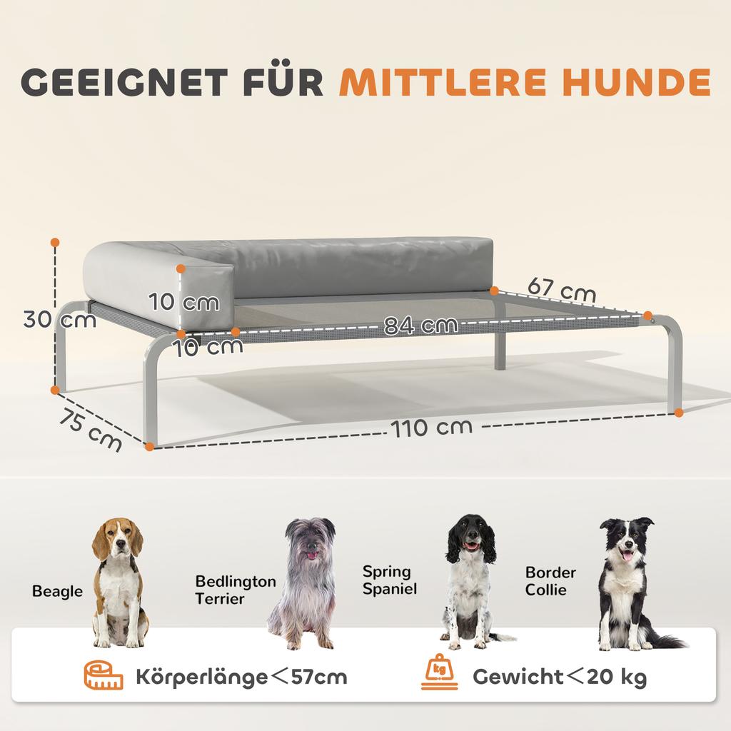 Hundebett für draußen, Erhöhtes Hundebett für mittelgroße Hunde, mit L-förmigem Kissen 110x75x30cm, Hellgrau