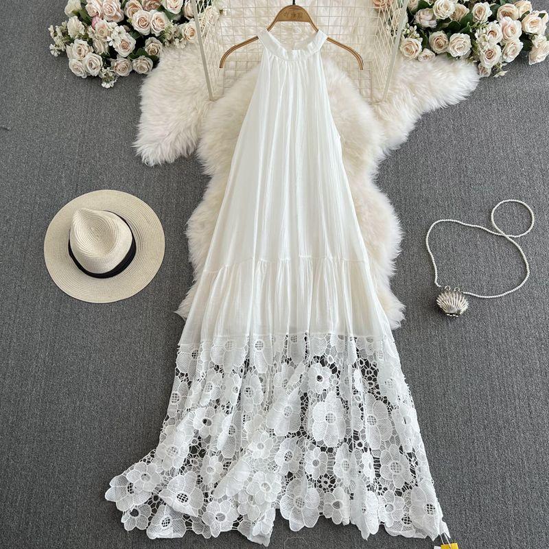 

Seaside Vacation Style Dress Women s Summer New Arrival French Style Temperament Halterneck Cold-Shoulder Sleeveless Patchwork Lace Long Skirt White S