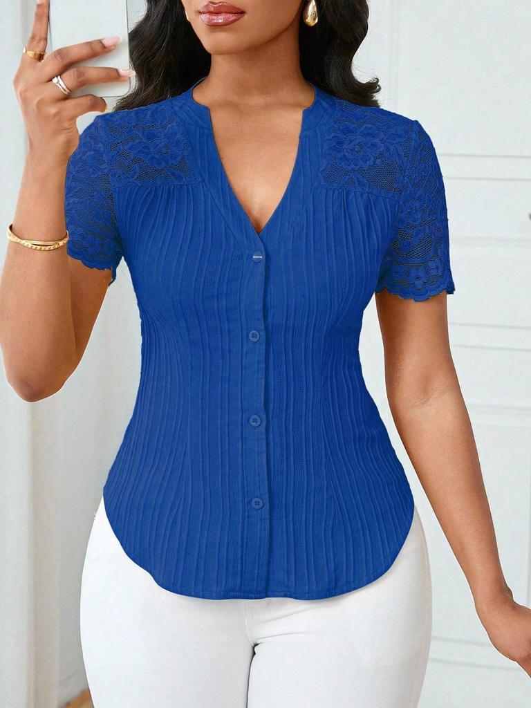 Women's Summer V-neck Embroidered Hollow Short-sleeve Shirt