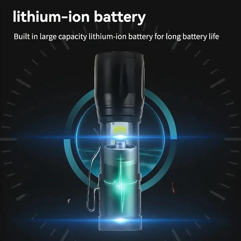 Powerful Mini LED Flashlight COB XPE Zoom Torch Built-in Battery USB Rechargeable with Pen Clip for Outdoor Camping Hiking Emergency Daily Use Light