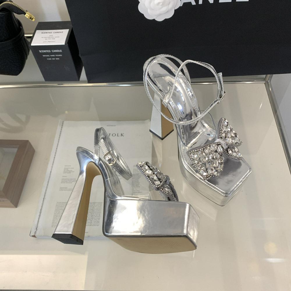 Bow high heels new luxury rhinestone simple waterproof table wine glass and women's sandals