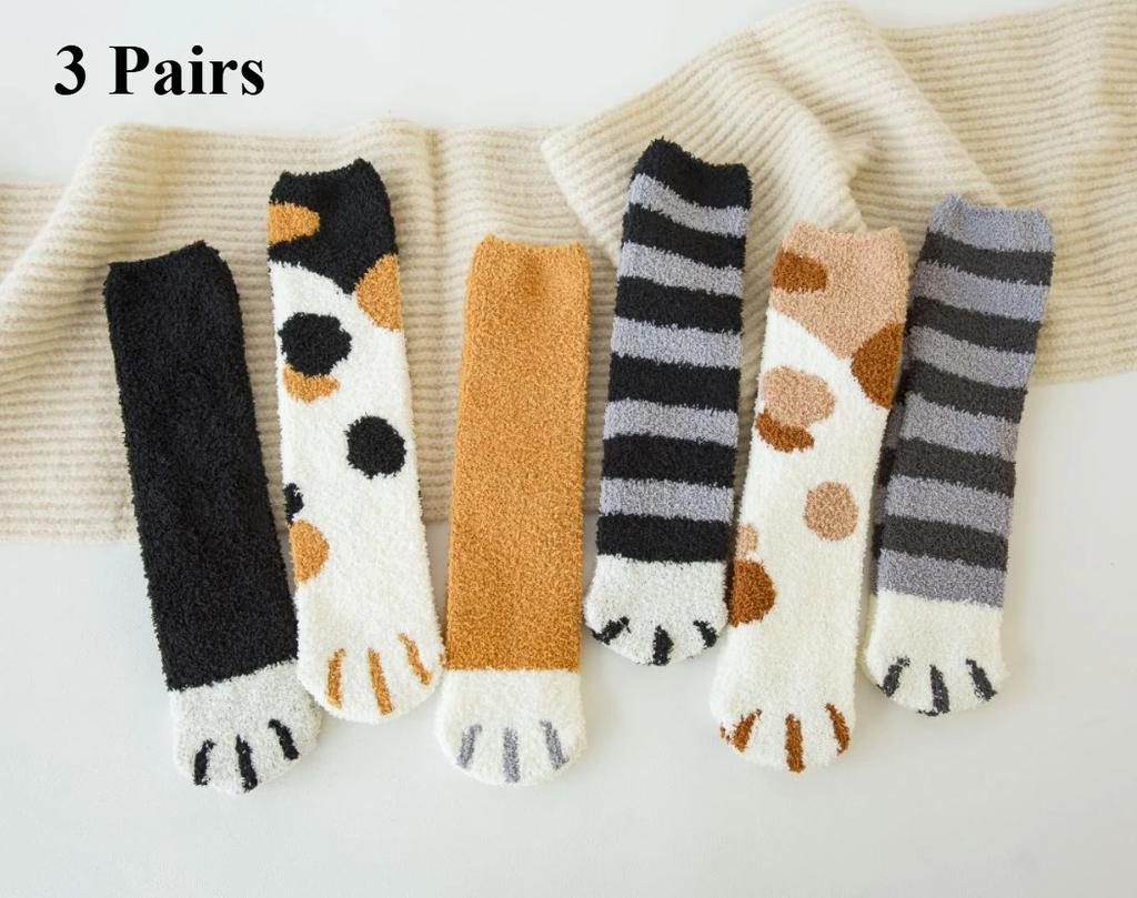 3 pairs of cute furry cat paws, cat paw footprints, women's thick coral fleece home warming floor sleeping socks