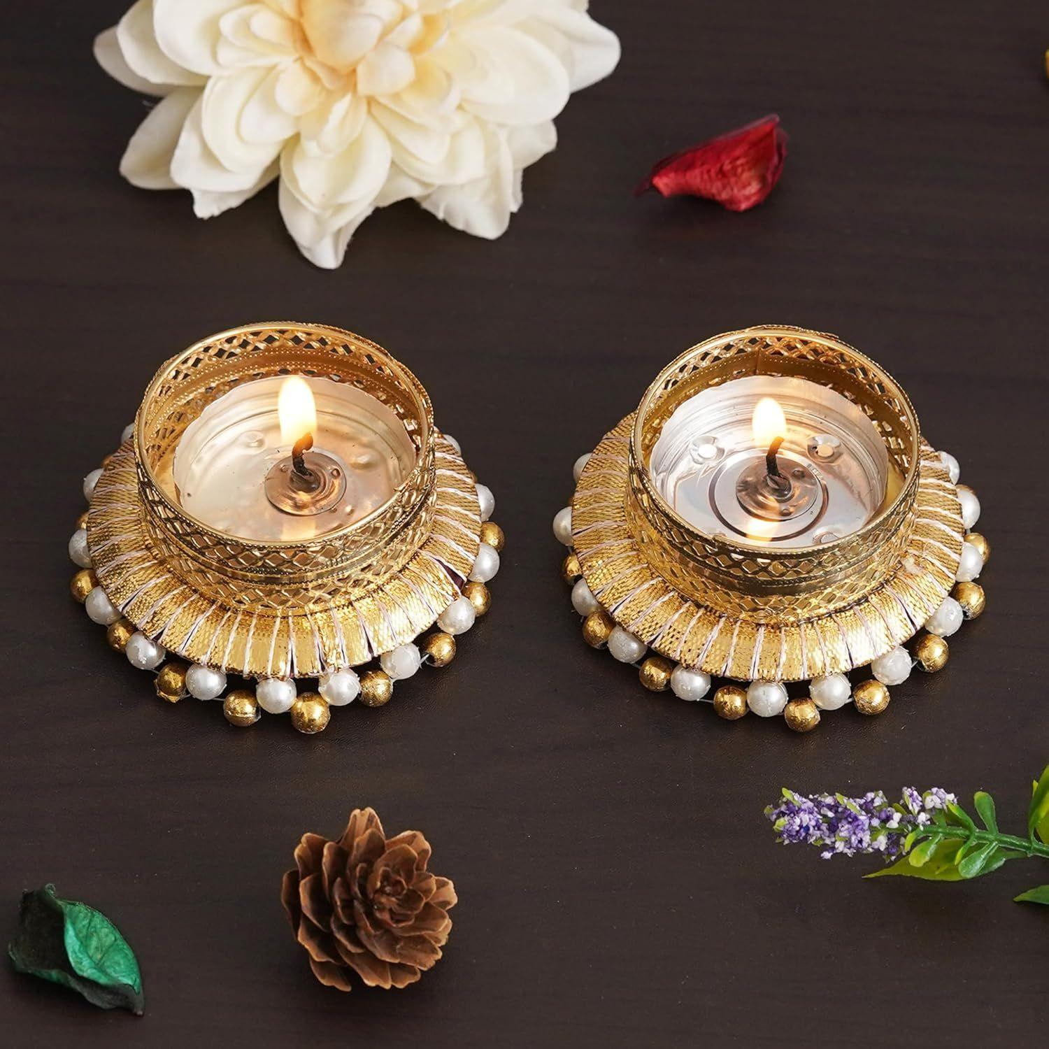 

Set of 2 Golden and White Round Shaped Beaded Decorative Tea Light Candle Holders for Home Decor for Diwali, Christmas, Housewarming
