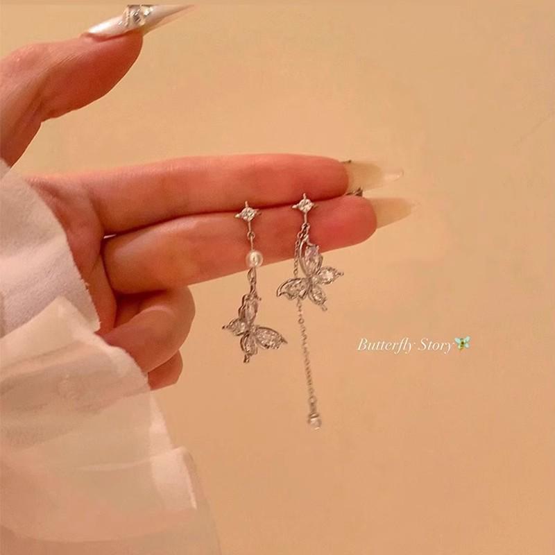 Unique 925 Silver Butterfly Zircon Pearl Stud Earrings for Women - High-End Fashion Jewelry