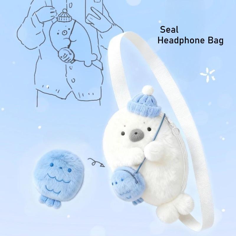 Plush Seal Backpack Cute Headphone Bag Kawaii Fashion Plushie Student's Schoolbag Fur Shoulder Bag Women Knapsack Bags Gift