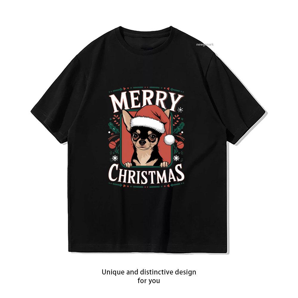 Chihuahua Dog Merry Christmas TShirt Women Unisex Casual cotton graphic t shirts Creative streetwear tops tee Shortsleev