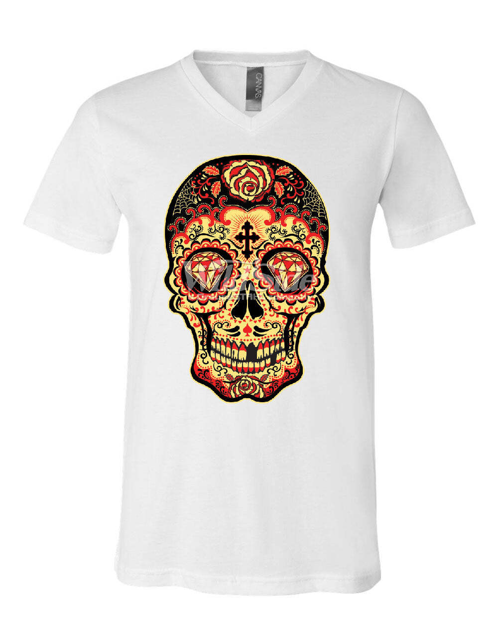 Day of The Dead Sugar Skull V-Neck T-Shirt Gold Calavera Dia de Muertos Tee S разноцветный