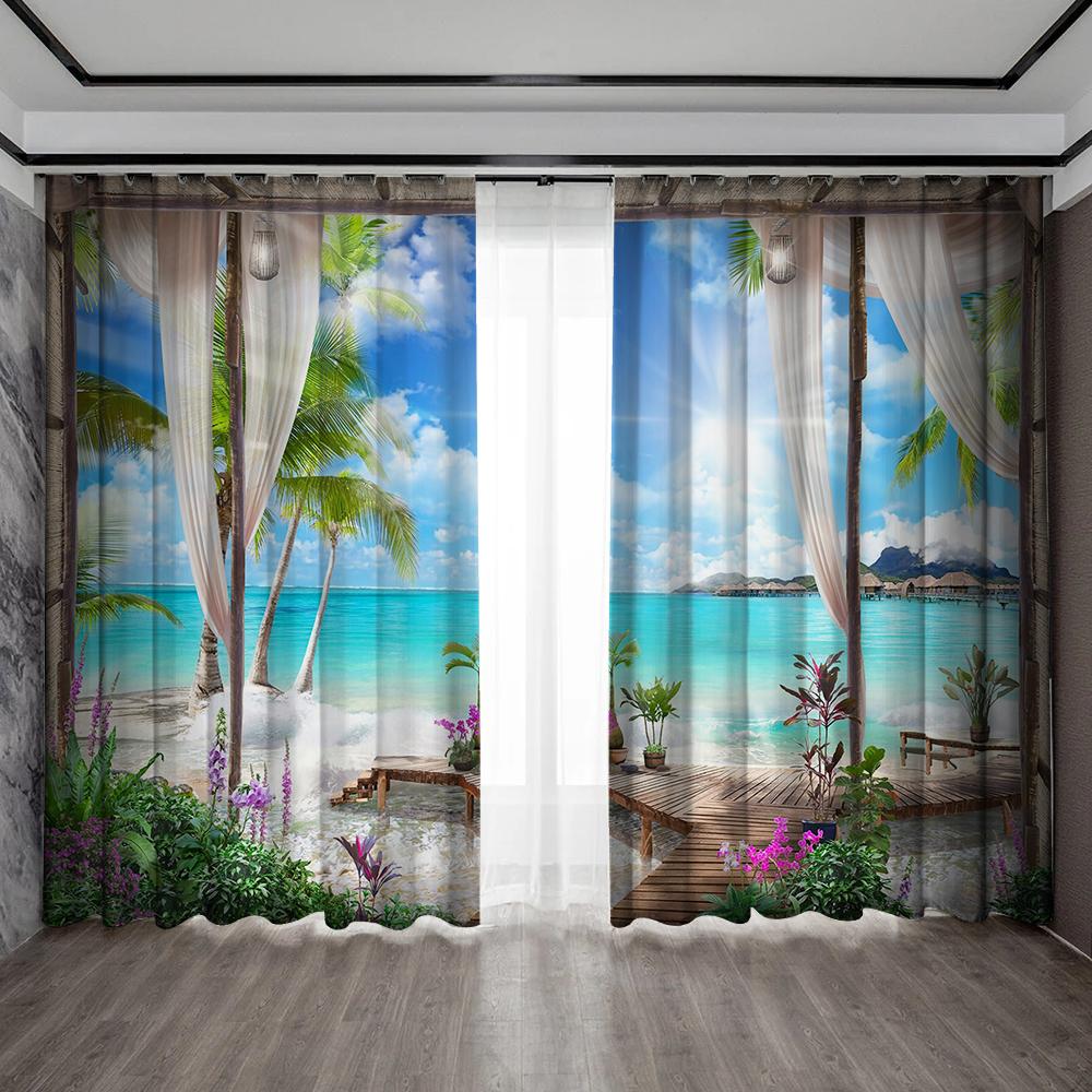 

2 шт. Украшения для дома, Шторы для прокалывания прутьев, Вид на снег, Пляж, Подводный водопад, Гостиная, Спальня, Балкон, Кабинет 75x166cm&Without mount