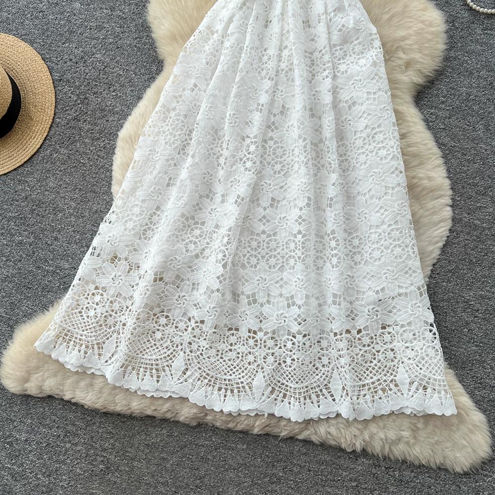 Abito Midi Elegante da Donna con Ricami in Pizzo, Manica Corta, Vita Alta, Linea ad A, Estivo, Casual, da Festa, per Matrimonio, da Vacanza, da Spiaggia