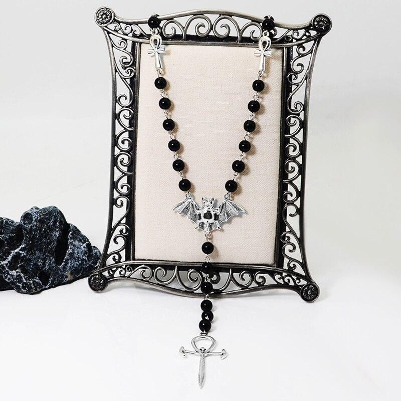 1pcs Vintage Necklace For Men And Women Vampire Beads Handmade Bent Pin Bat Rosary Cross Pendant