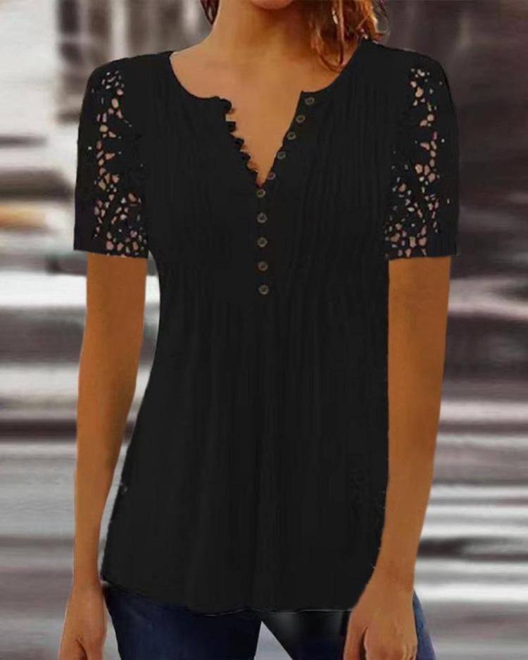 2023 Womens Pleated Lace Sleeve Short Sleeve Solid Color Button Up T Shirt Top