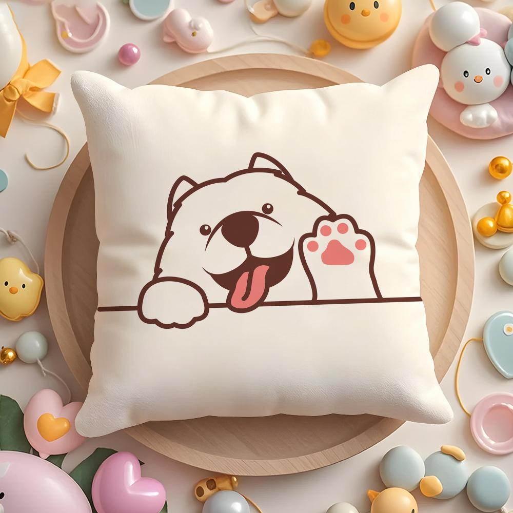 Cushion Cover Cute Dog Waving Paw Plush Fabric Soft Double-Sided Printed Sofa Warm Winter Home Gift Pillow Case