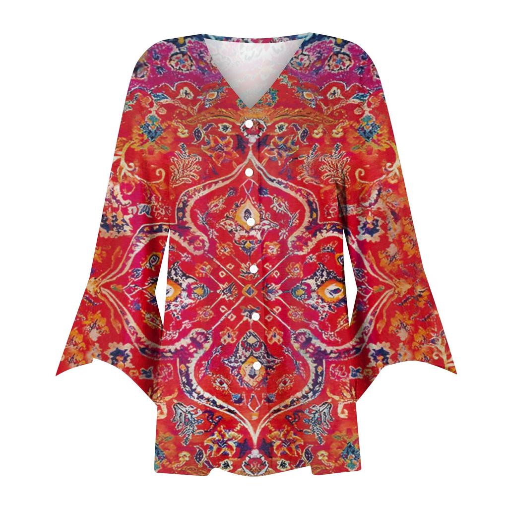Women's Shirt Blouse Outerwear Print 3/4 Length Sleeve Casual Holiday Basic Button Tops