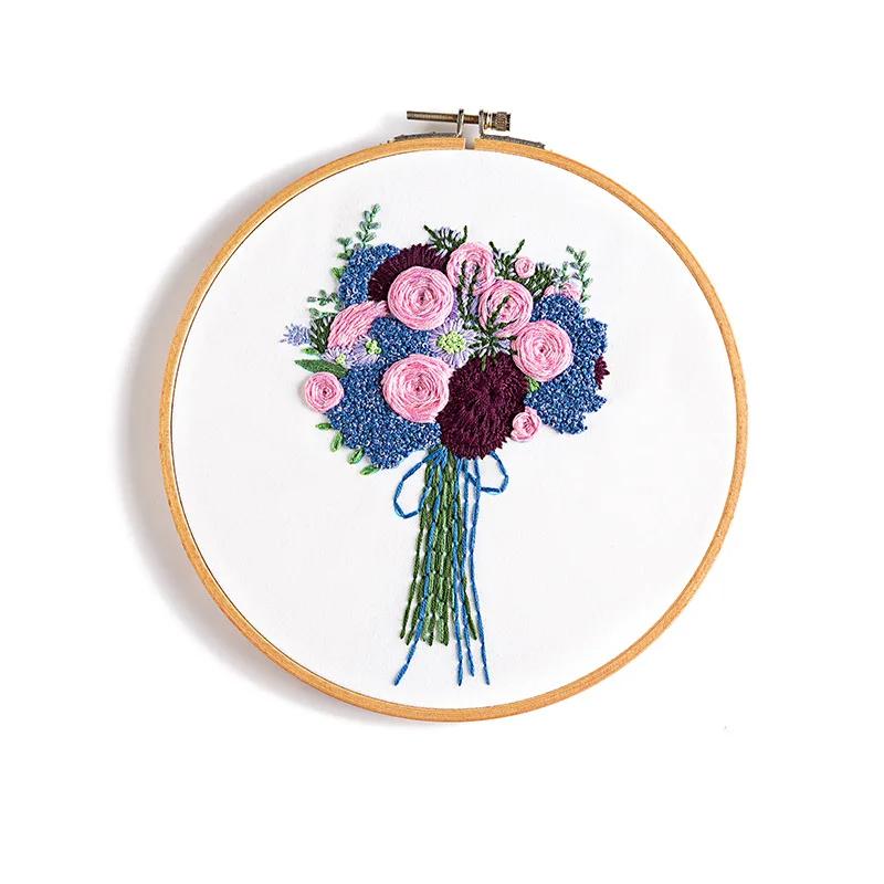 DIY Flowers Plants Pattern Embroidery Set Needlework Tools, Printed Beginner Embroidery Round Cross Stitch Kit Sewing Craft Kit