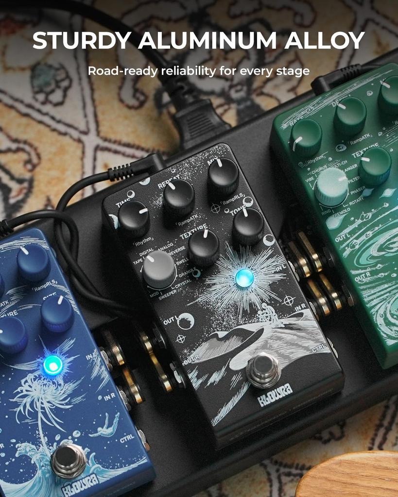 Klowra Everlast Delay Pedal for Electric Guitar - 2025 Edition Digital Guitar Effect Pedal with 9 Stereo Delay Types, Tap Tempo, True Bypass, Analog