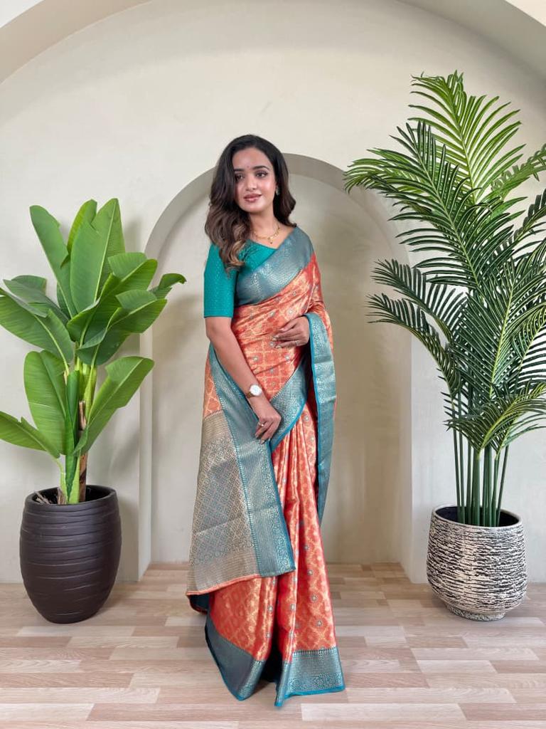 Women's Pure Tissue Silk Saree with Zari Weaving & Meena Work | Elegant Jaal Design | Contrast Running Blouse | Indian Wedding & Party Wear Saree