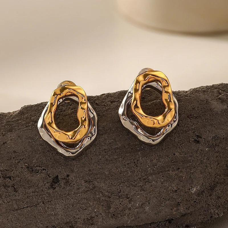 1PAIR Double Layer Irregular Geometric Pattern Copper Earrings, Uneven Surface Fashion Gold and Silver Jewelry Gift