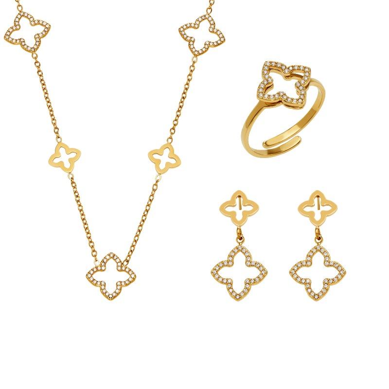 3PCS Stainless Steel Hollow Clover Zircon Earrings Ring Necklace Simple Light Luxury Jewelry Set