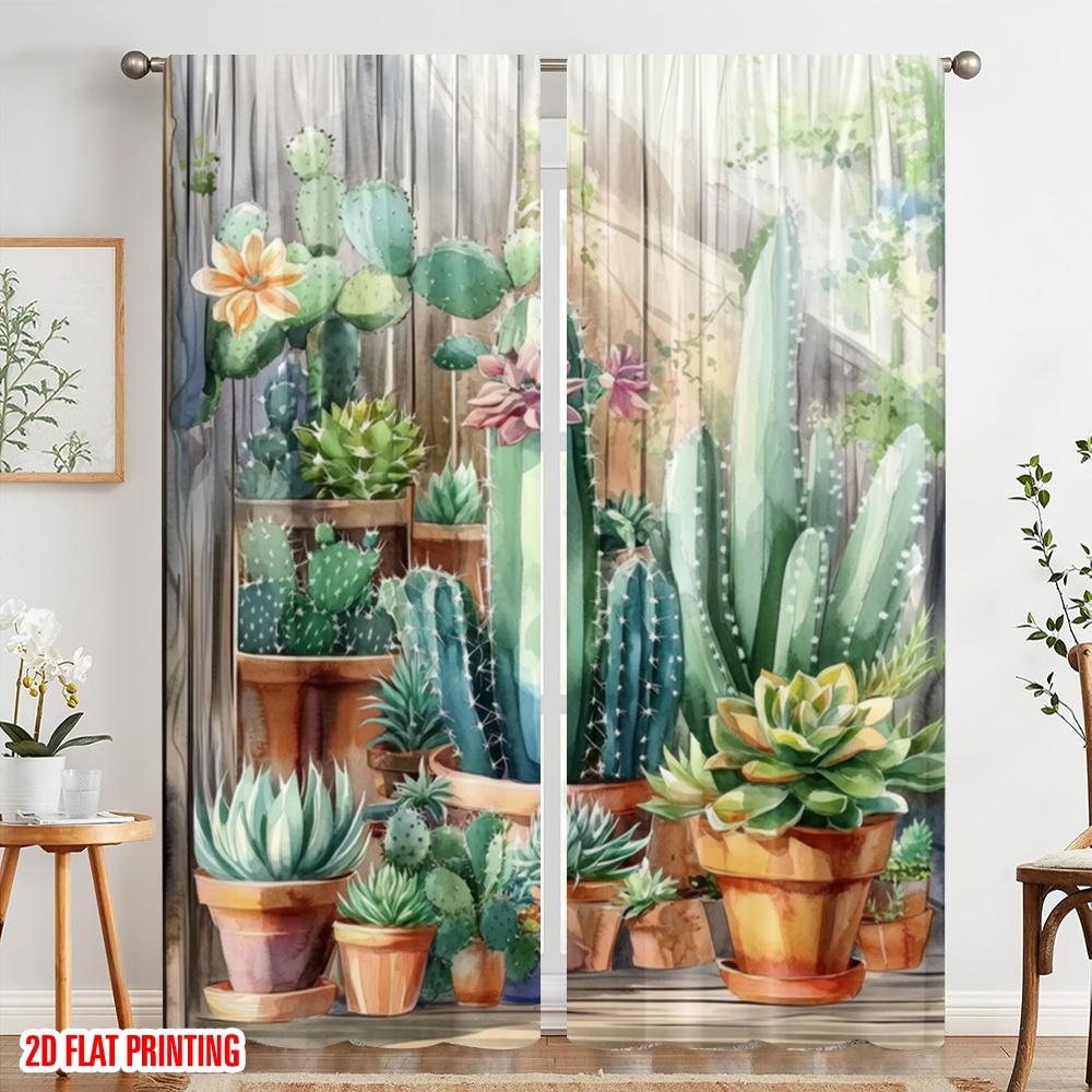 2pcs,2D Plane Printing Popular Curtains Cactus Oasis Durable Polyester (without Rod) Decorations For Home Use for Bedroom,