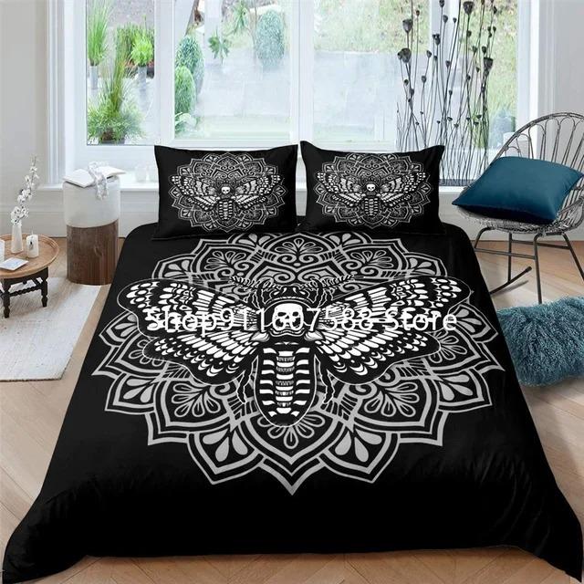 Schwarzer Tod Motte Bettwäsche Set Gotisches Totenkopf Bettbezug Set Schmetterling Bettwäsche 2/3 Stück Mond Sterne Luxus Heimtextilien