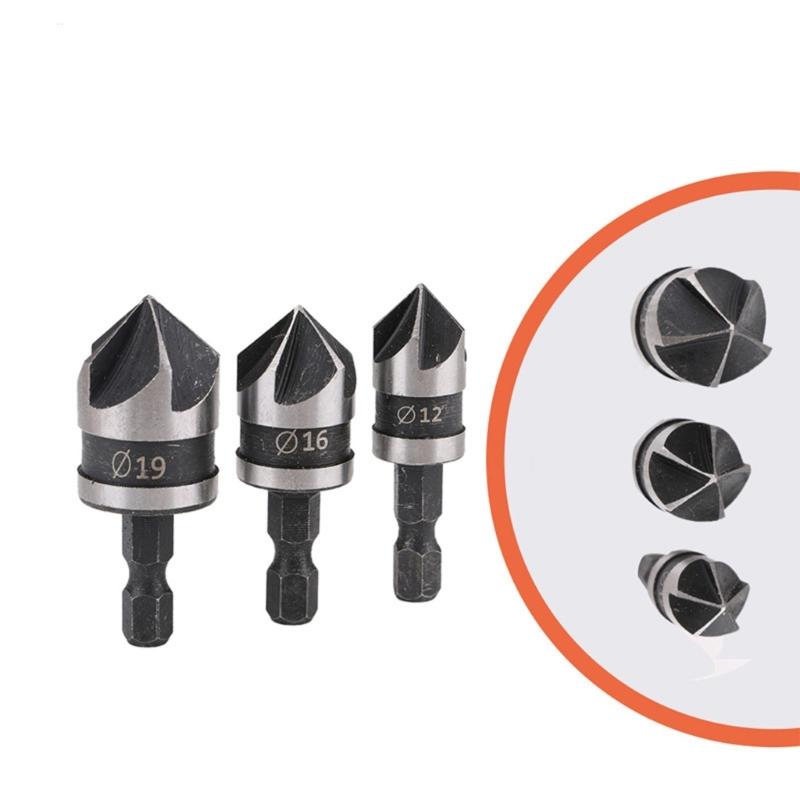 Professional Wood Chamfering Drill Bit Tool With 5 Flute Hexadecimal Shank For Precise Countersinking In DIY Projects 3 Size