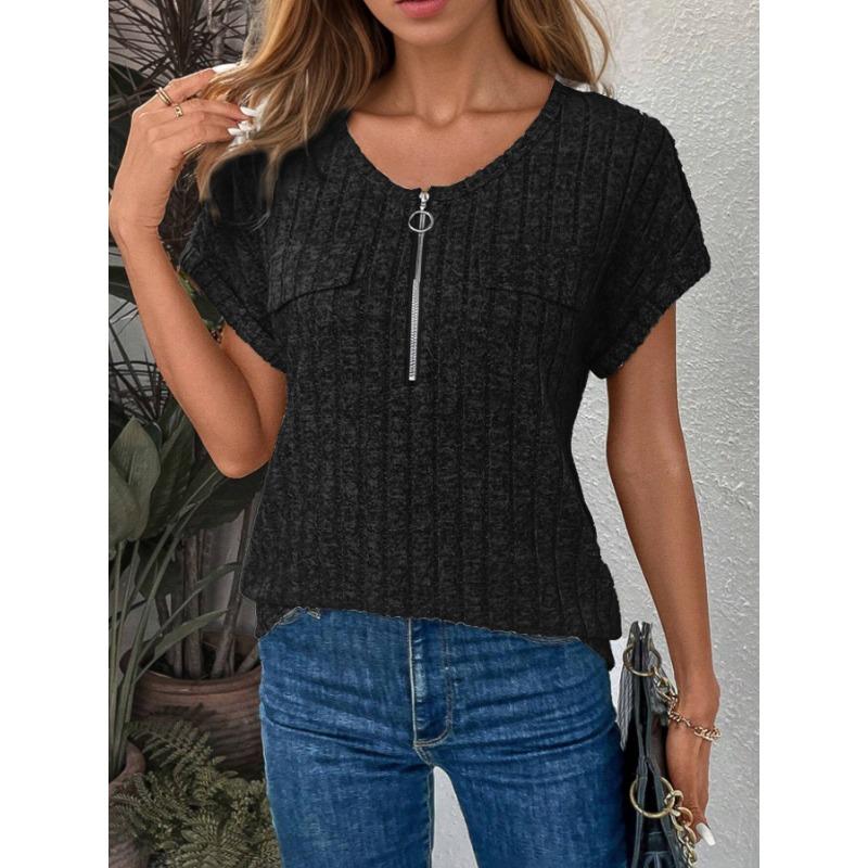 Women's Spring and Summer Zipper Short Sleeve Fake Pocket Pullover T-shirt Loose Top