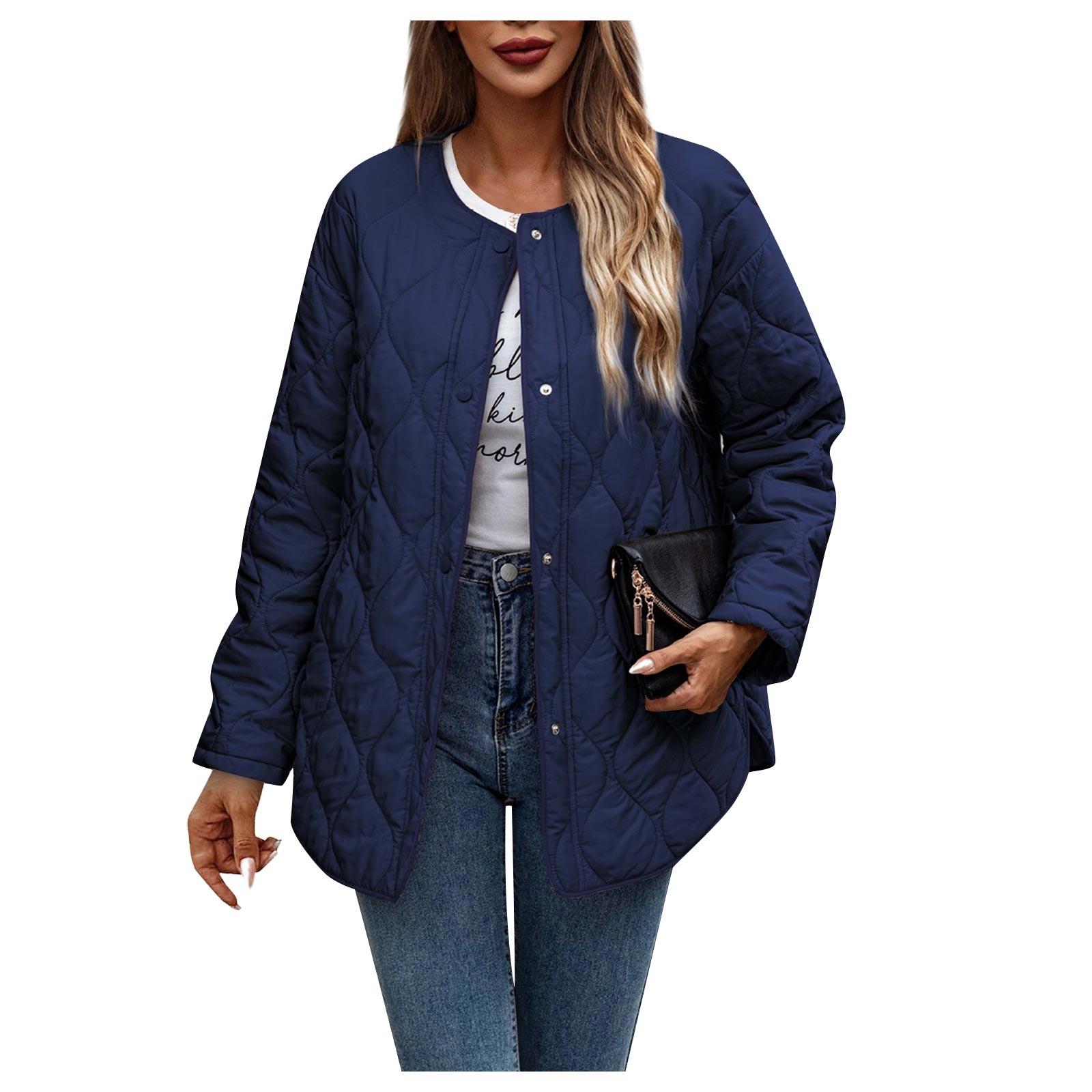 

Женская осенне-зимняя хлопковая куртка с длинными рукавами и пуговицами с карманами L тёмно-синий