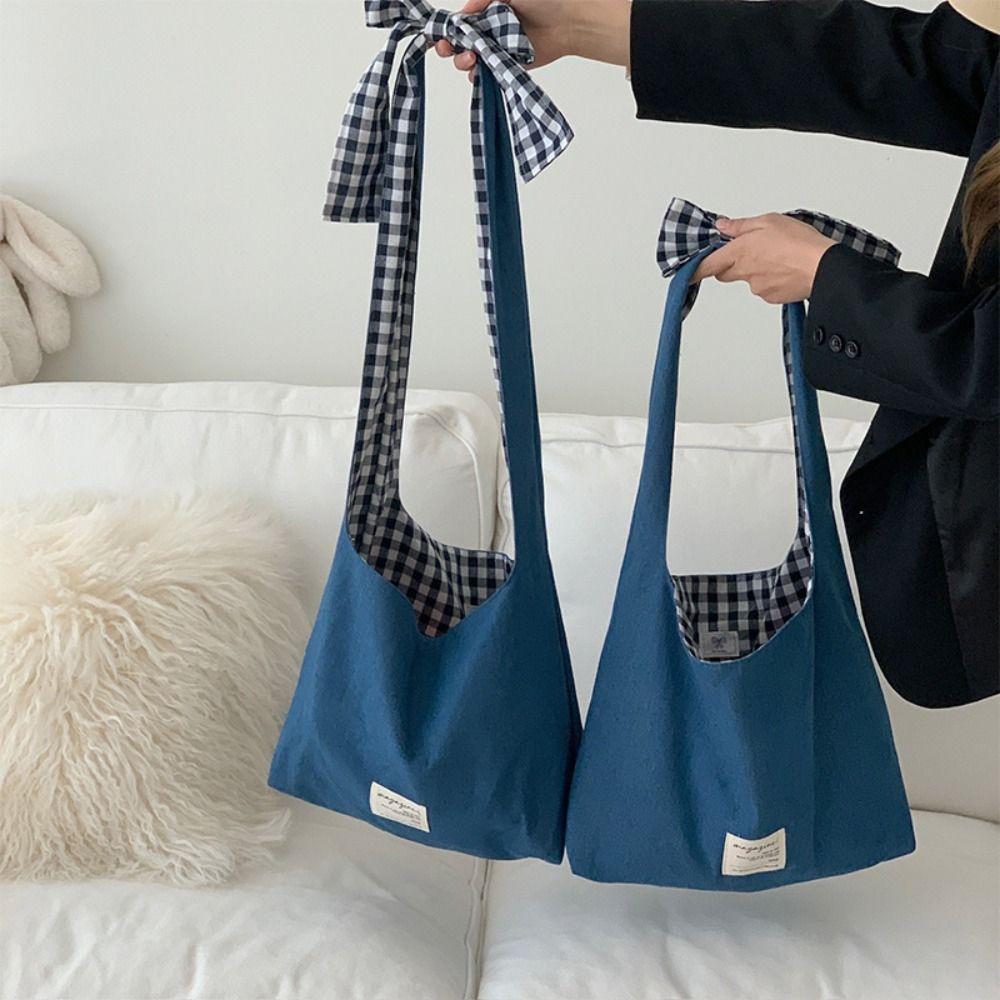 

Blue Double Sided Shoulder Bags Plaid Denim Canvas Handbag Portable Korean Style Handbag Men Shoulder Bag