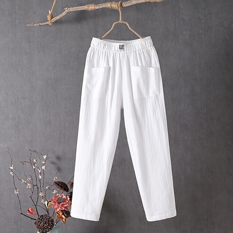 Summer Women Trousers Casual Cotton Linen Pants Loose Straight Trousers Nine Point Harem Pants