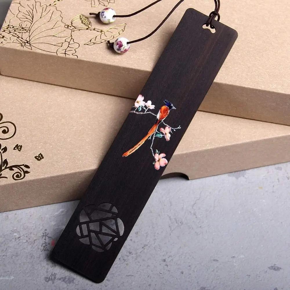 

Retro Carving Ebony Bookmark Chinese Style Color Painted Bird Flower Book Clip Pagination Mark Stationery School Office Supplies