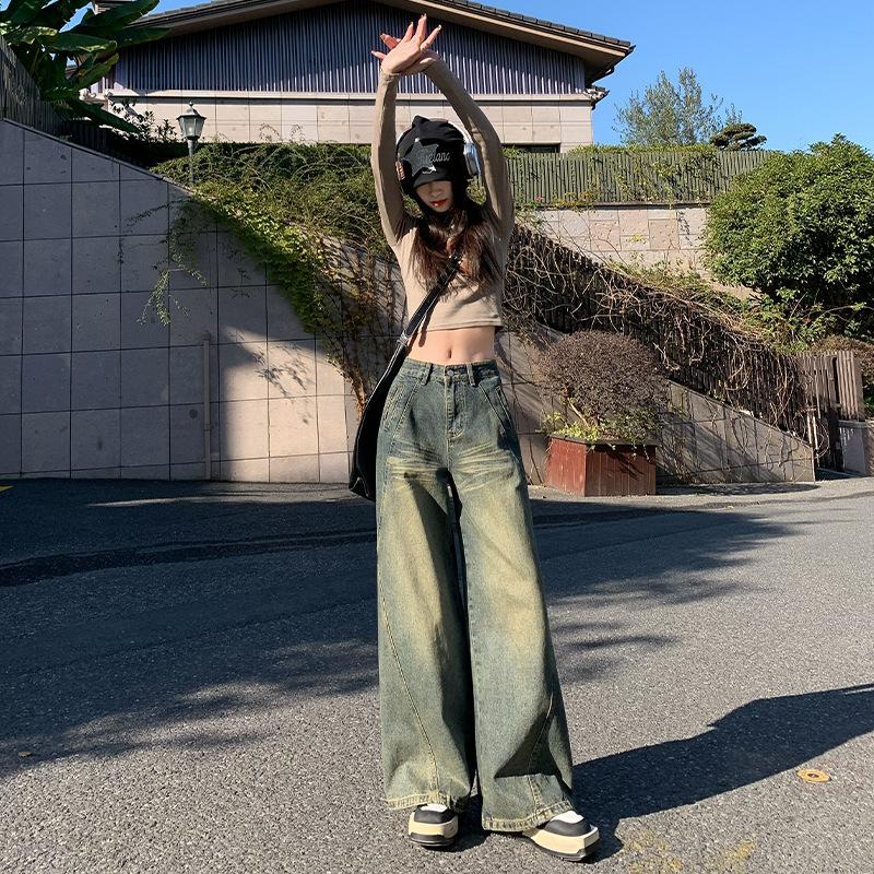 American retro washed old wide-leg jeans women's new high street design loose straight mopping pants
