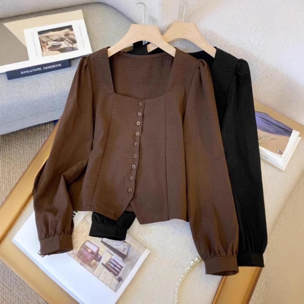 Women's Plus Size French Square Neck Blouse Puff Long Sleeve Single Breasted Pleated Slim Casual Shirt For Curvy Figures
