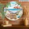 2D Flat, 1Pc Round "Beach, Relax." Aluminum Hanging Sign, Tropical Hammock Palm Tree Ocean Design, Rustic Coastal Metal Wall Decor, Perfect for