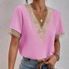 Women's V Neck Blouse Short Sleeve Lace Trim Loose Fit Casual Summer Top