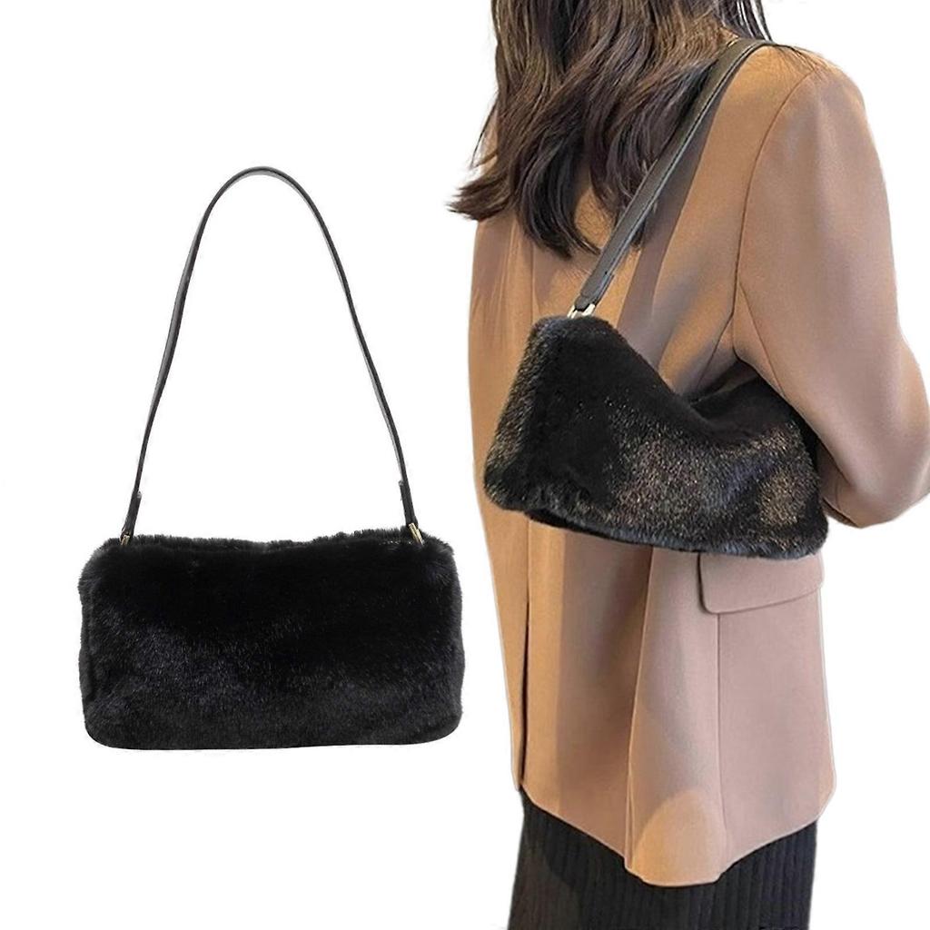 Trendy Plush Shoulder Tote Bag Great for Fashion Forward Women Perfect for Everyday Errands Travel Social Occasions  Black