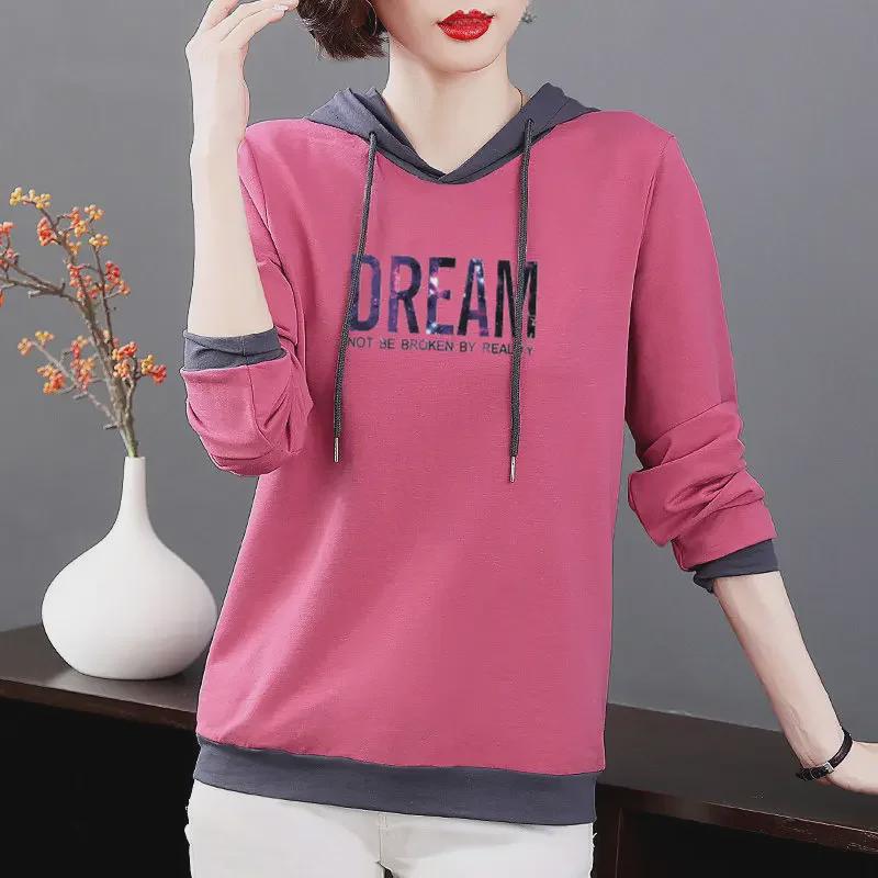 

Женская футболка с капюшоном и длинными рукавами из 100% хлопка, свободного кроя, большого размера, в универсальном корейском стиле, коллекция весна/осень 2024. 3XL