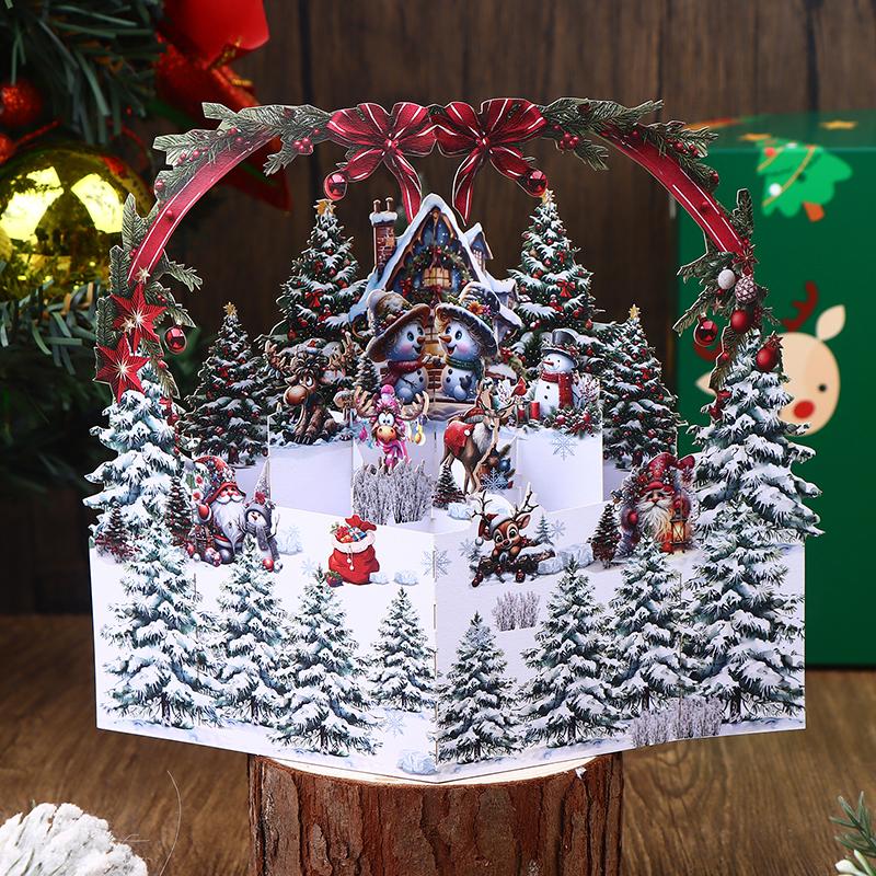 1 Stück 3D Weihnachtskarte mit verschneitem Winterhaus und Weihnachtsbaumdesign, inklusive Umschlag, festliche Grüße für Familie und Freunde