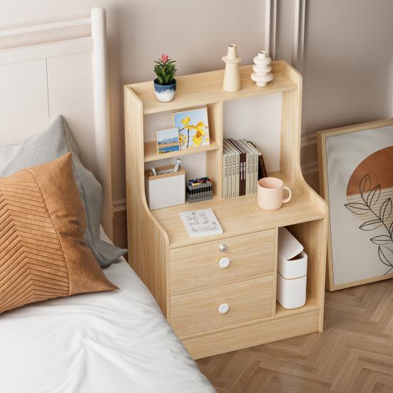 Bedside Table, Bedroom Nightstand, End Table with 2 Drawers and Opening Storage Shelves, Couch Table Wooden Bedside Table for Living Room