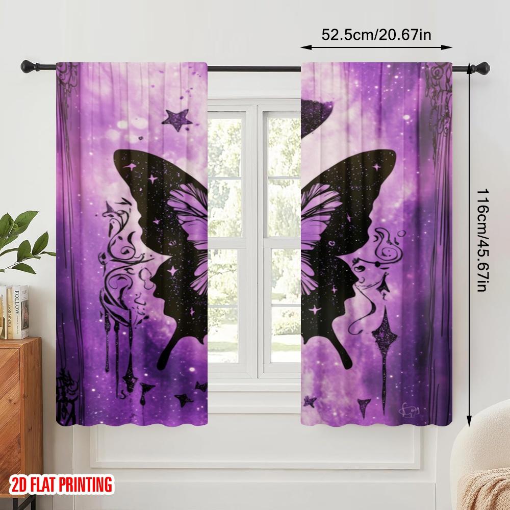 2 Stück, 2D-Flachdruck Vorhangstoff Sternenklare Schmetterlinge Vielseitiger Stoff (ohne Stange) Feiertag Perfekt für Küche Wohnzimmer
